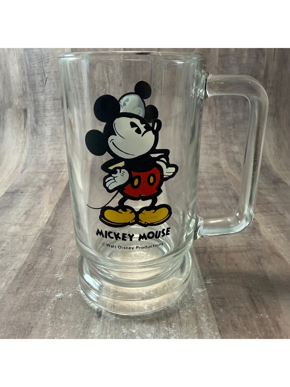 Vintage Walt Disney Productions Mickey Mouse Clear Glass Mug Beer Stein Cup 5.5"